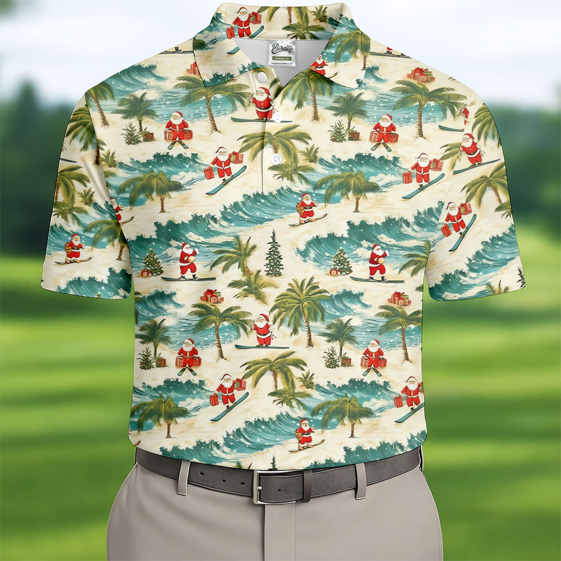 Christmas Santa Surfing Tropical Hawaiian Golf Shirt, Golf Shirts For Men, Printed Golf Shirts