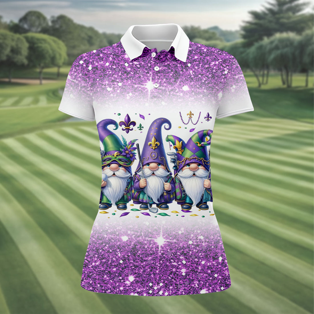 Mardi Gras Gnomes Fleur De Lis Glitter Effect Ladies Golf Tops, Women's Golf Shirts, Ladies Golf Polos