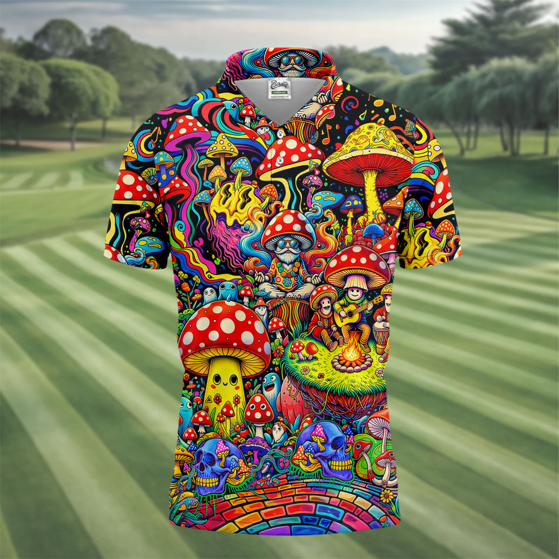 Colorful Psychedelic Mushroom Forest Hawaiian Golf Polo, Golf Tops For Men, Golfing Apparel