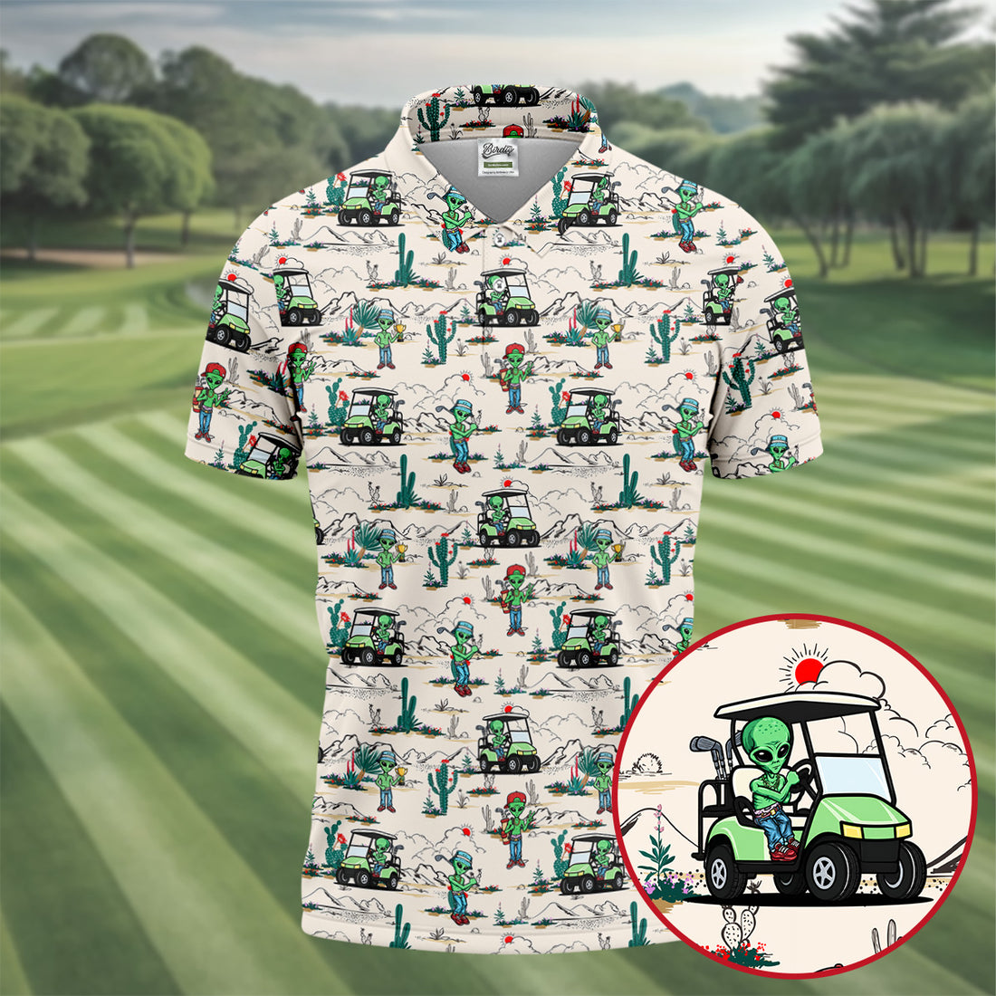 Beige Alien Desert Golf Pattern Golf Polo Shirt, Golf Polo Shirts For Men, Hawaiian Golf Shirt