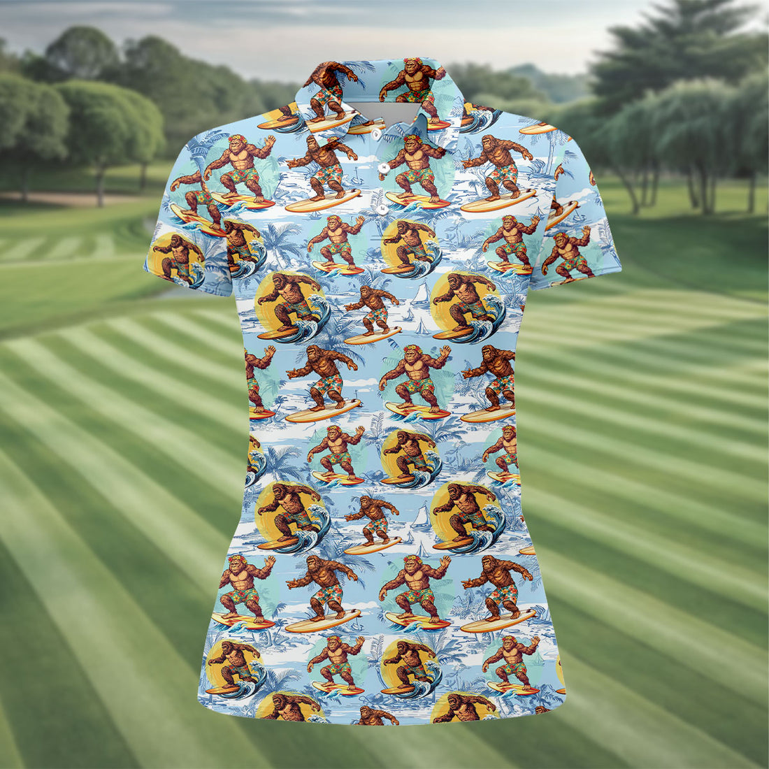 Surfing Bigfoot Hawaiian Golf Shirt, Womens Golf Tops, Golf Polo For Women