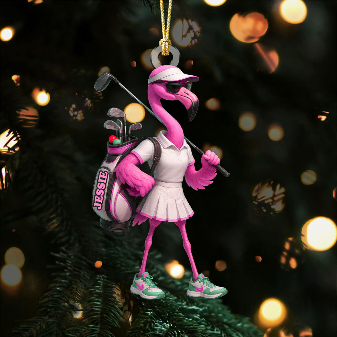 The Pink Flamingo Female Golfer Acrylic Ornaments, Golf Christmas Gifts, Funny Golf Presents
