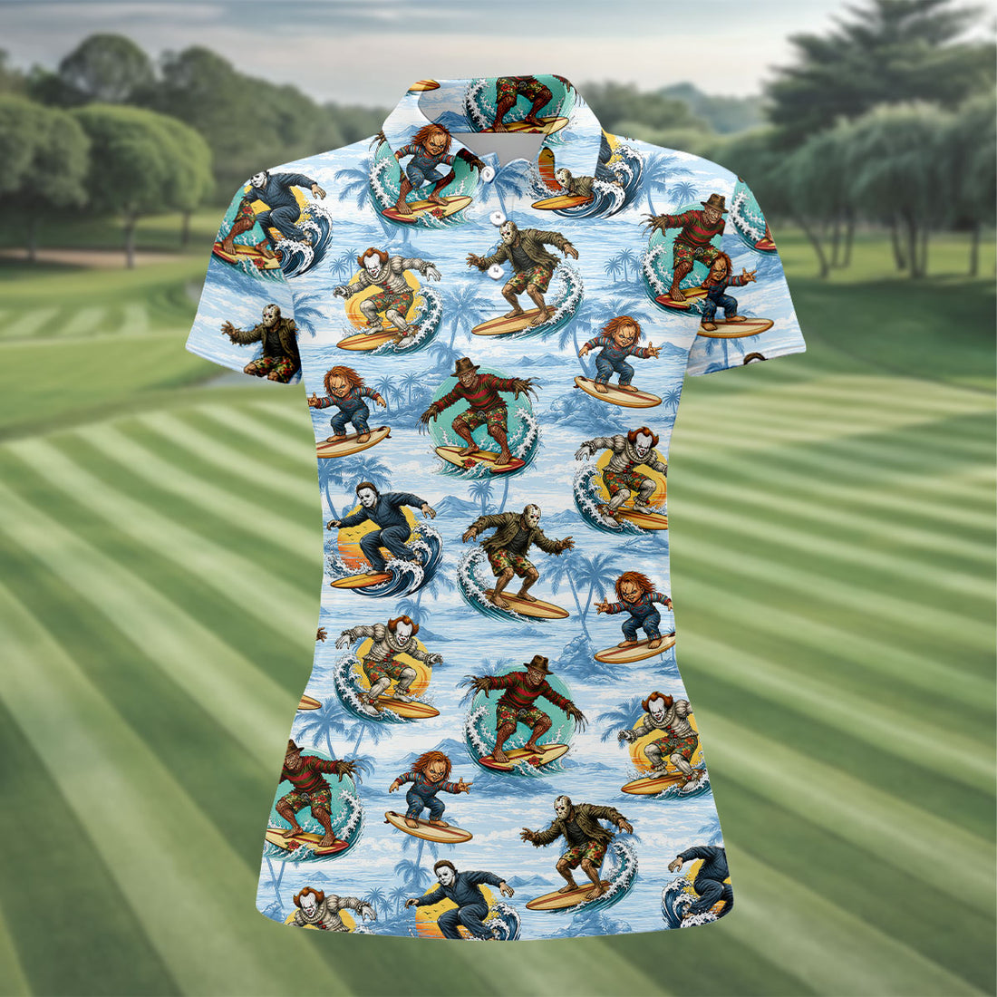 Vintage Horror Character Surfer Hawaiian Golf Shirt, Women's Golf Tops, Golf Shirts For Women