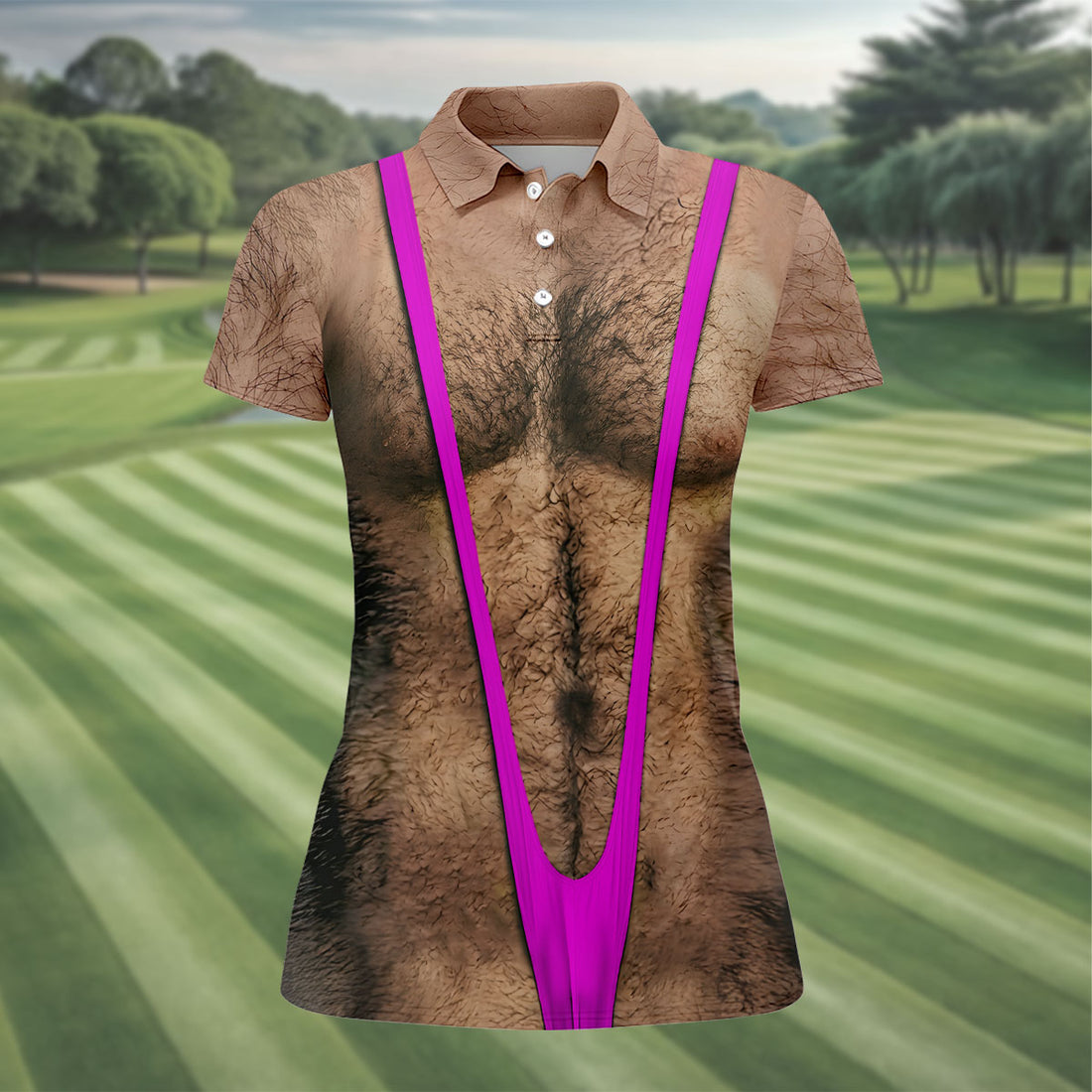 Funny Hairy Chest Purple Suspender Golf Shirt, Funny Golf Shirt, Women's Golf Tops, Ladies Golf Shirts