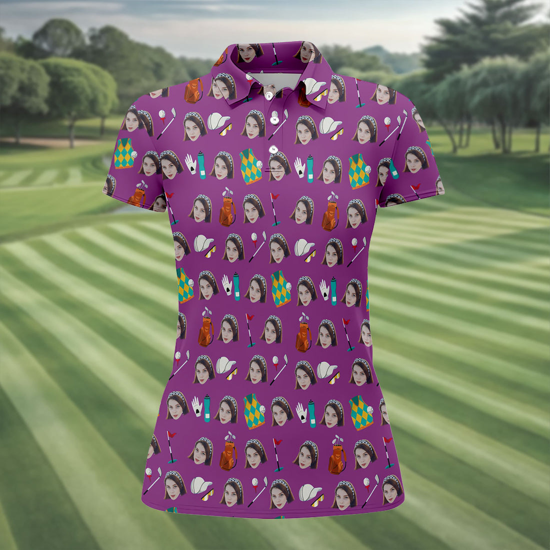 Purple Custom Photo Golf Icons Polo Shirt, Ladies Golf Shirts, Printed Golf Shirt