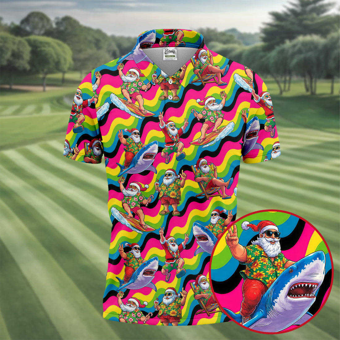 Funny Surfing Santa Riding Shark Hawaiian Golf Shirt, Christmas Golf Shirt, Golf Polo Shirts For Men