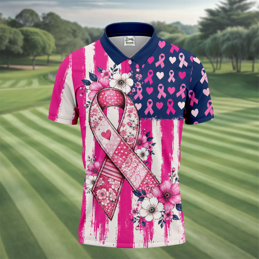 American Flag Pink Breast Cancer Awareness Golf Polo Shirt, Mens Golf Polo, Golf Shirts For Men
