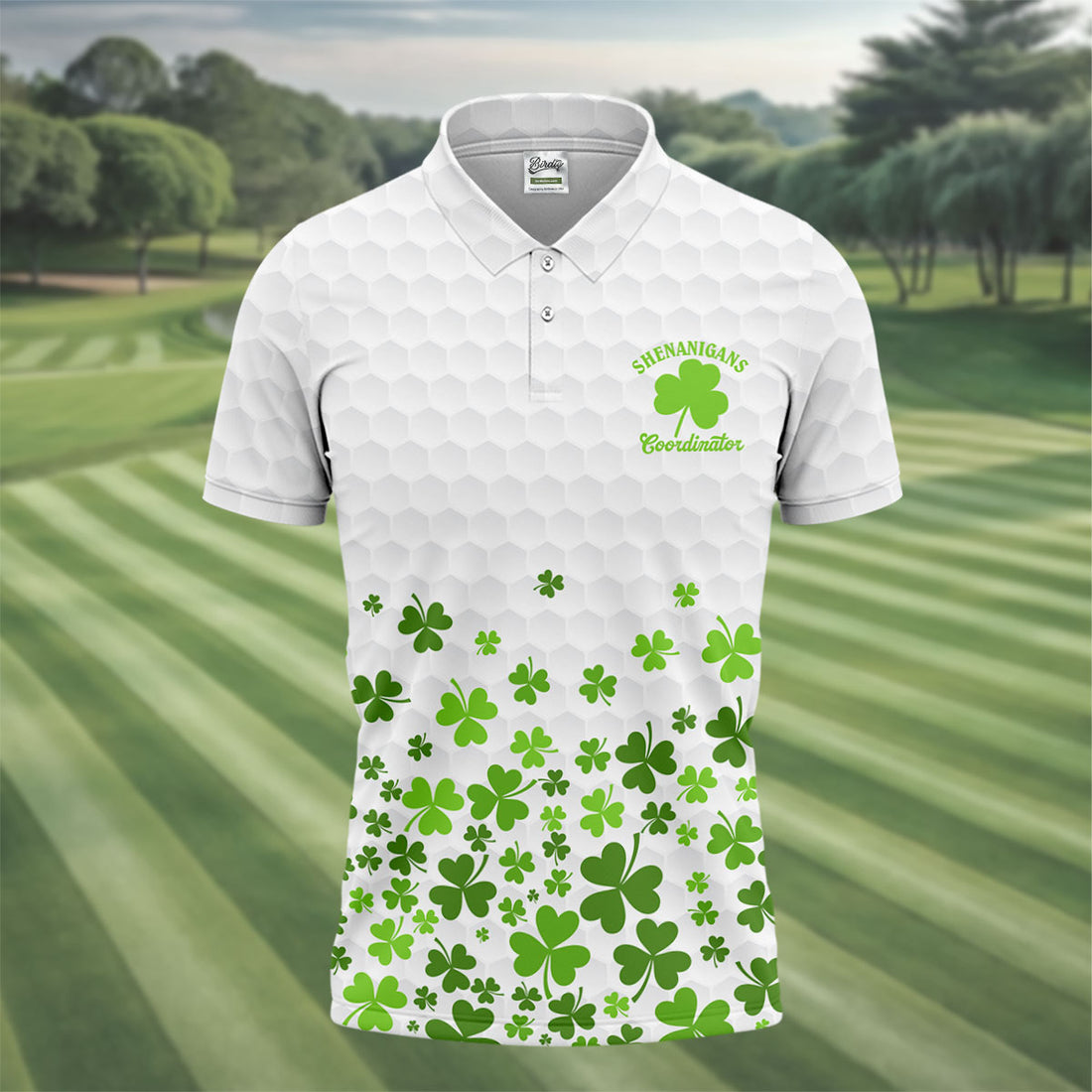 Shenanigans Coordinator Golf Ball Pattern St Patrick Day White Golf Shirt, Golf Tops For Men, Golf Shirts For Men