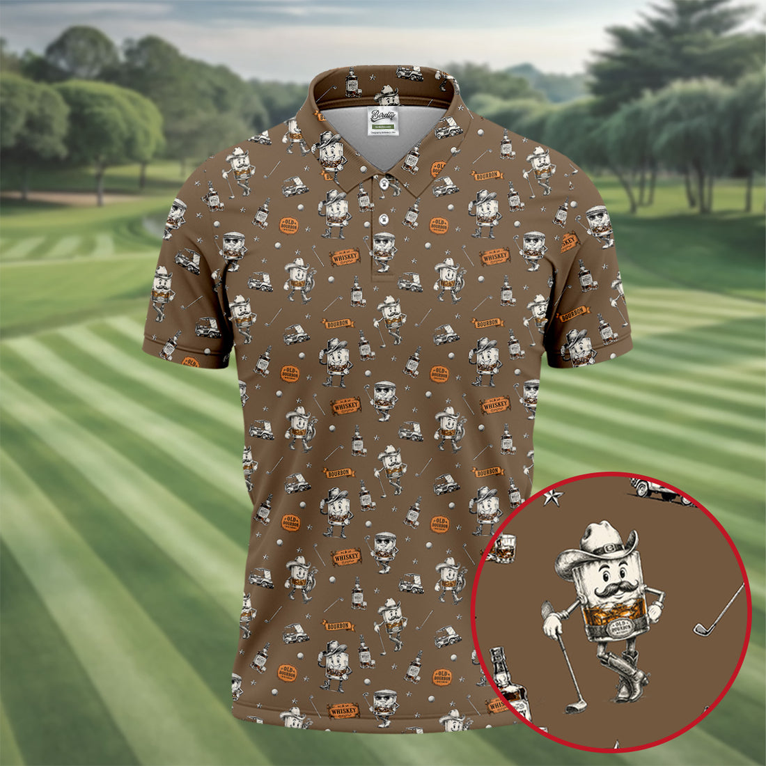 Funny Bourbon Whiskey Golf Pattern Polo Shirt, Men's Golf Apparel, Novelty Golf Shirts For Men