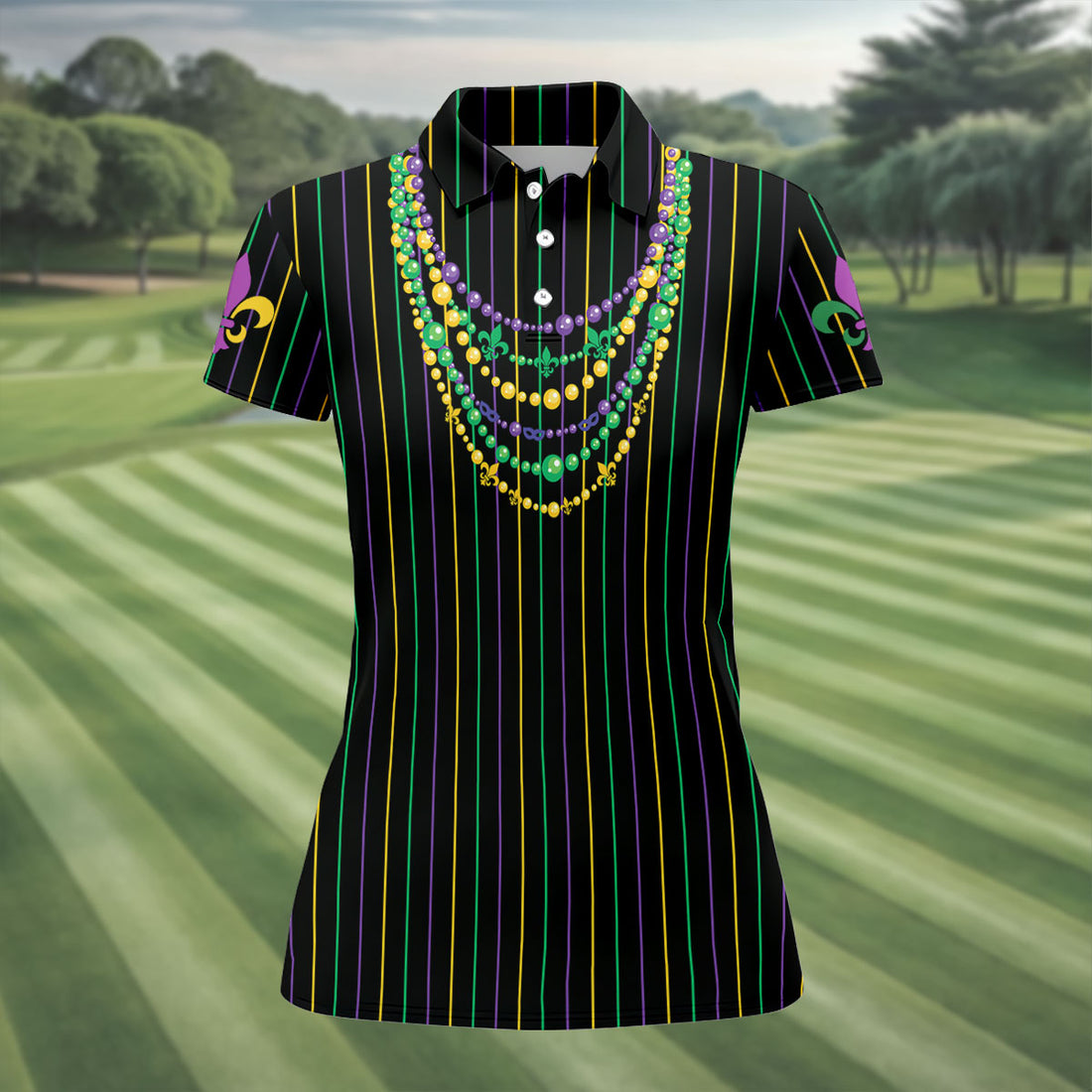 Mardi Gras Beads Necklaces Print Black Golf Shirt, Women's Golf Shirts, Ladies Golf Polos, Golf Shirt For Women