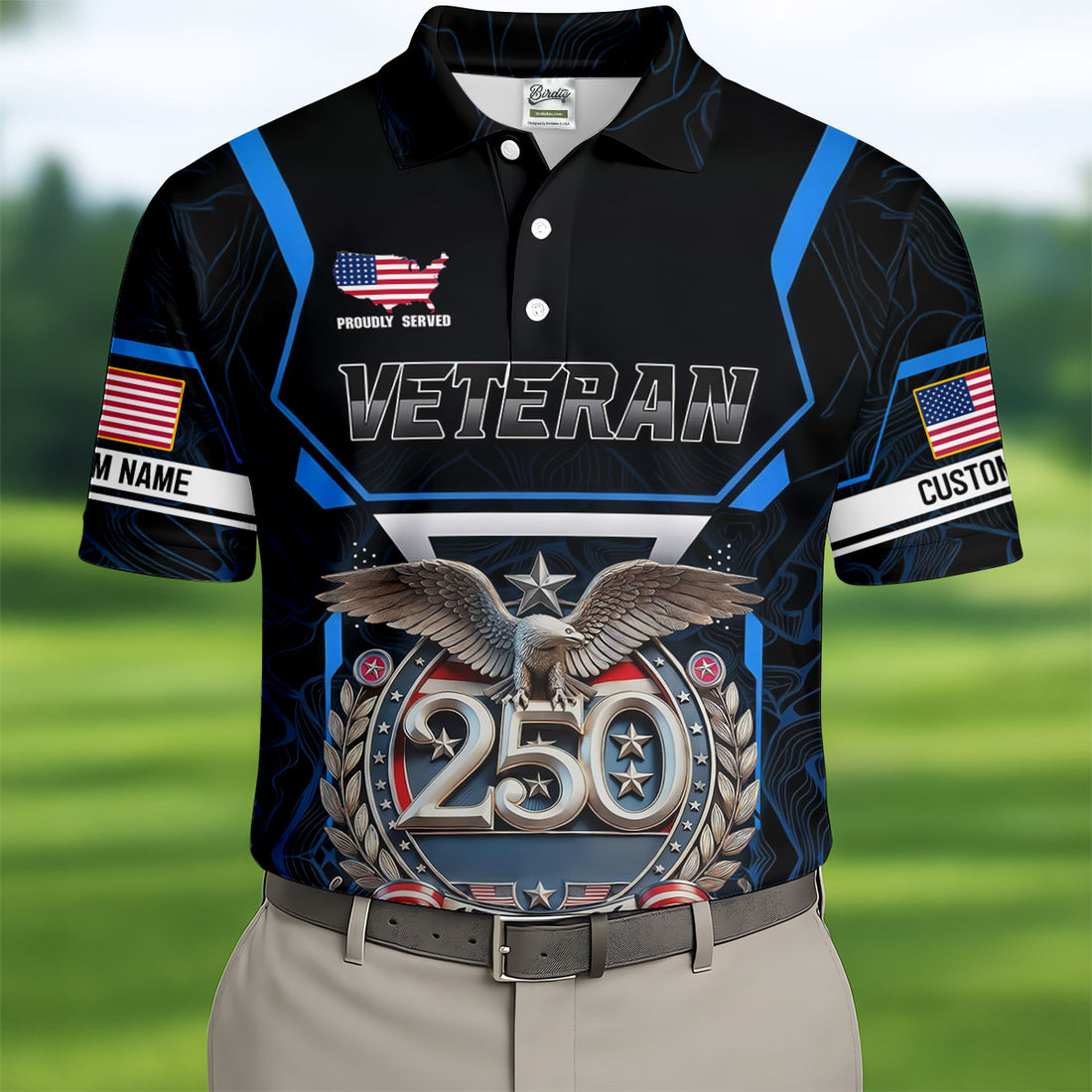 Personalized Veteran America 250 Polo Shirt Blue Accent, Golf Apparel For Men, Mens Golf Polo