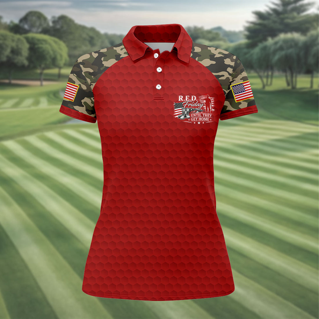 R.E.D. Friday Golf Shirt, Patriotic Camo Sleeve Women's Shirt, Remember Everyone Deployed Apparel