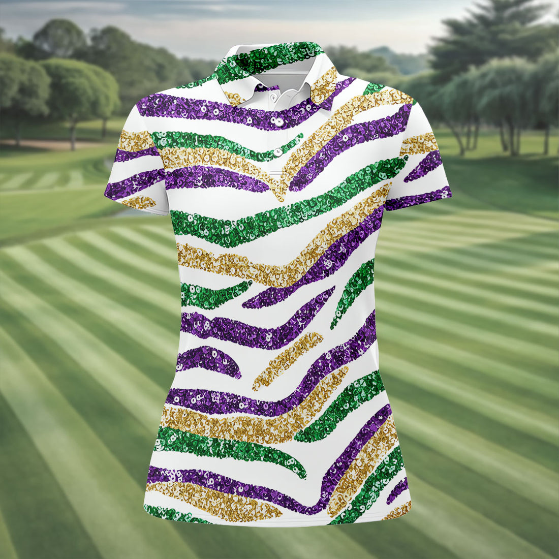 Purple Green Gold Sequin Pattern White Mardi Gras Golf Shirt, Women's Golf Tops, Ladies Golf Shirts