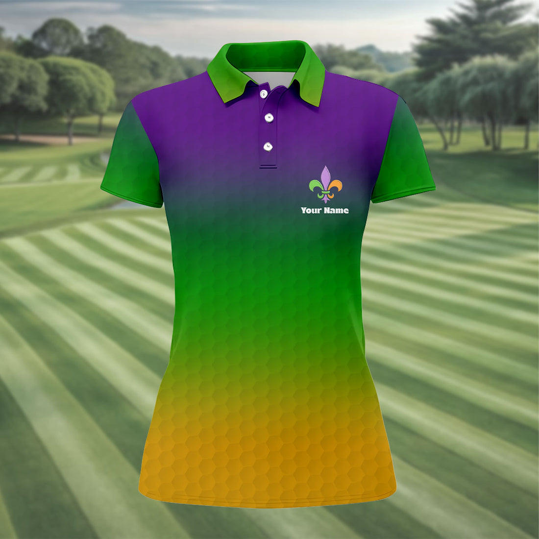 Mardi Gras Purple Gold Green Blended Color Golf Ball Pattern Women's Golf Tops, Women's Golf Shirts, Ladies Golf Polos