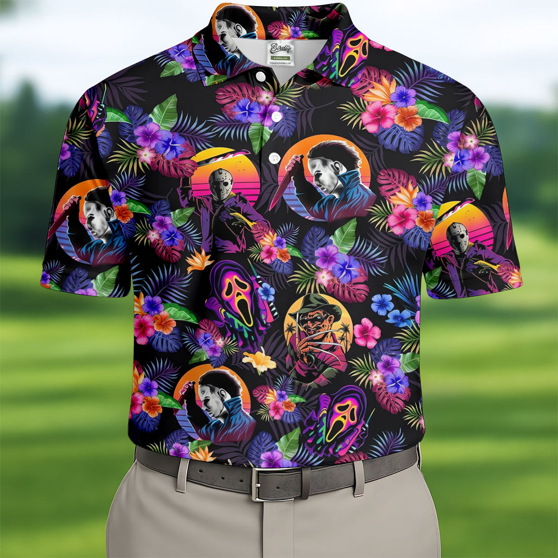 Retro Neon Horror Character Halloween Golf Shirt, Mens Golf Polo, Hawaiian Golf Shirt