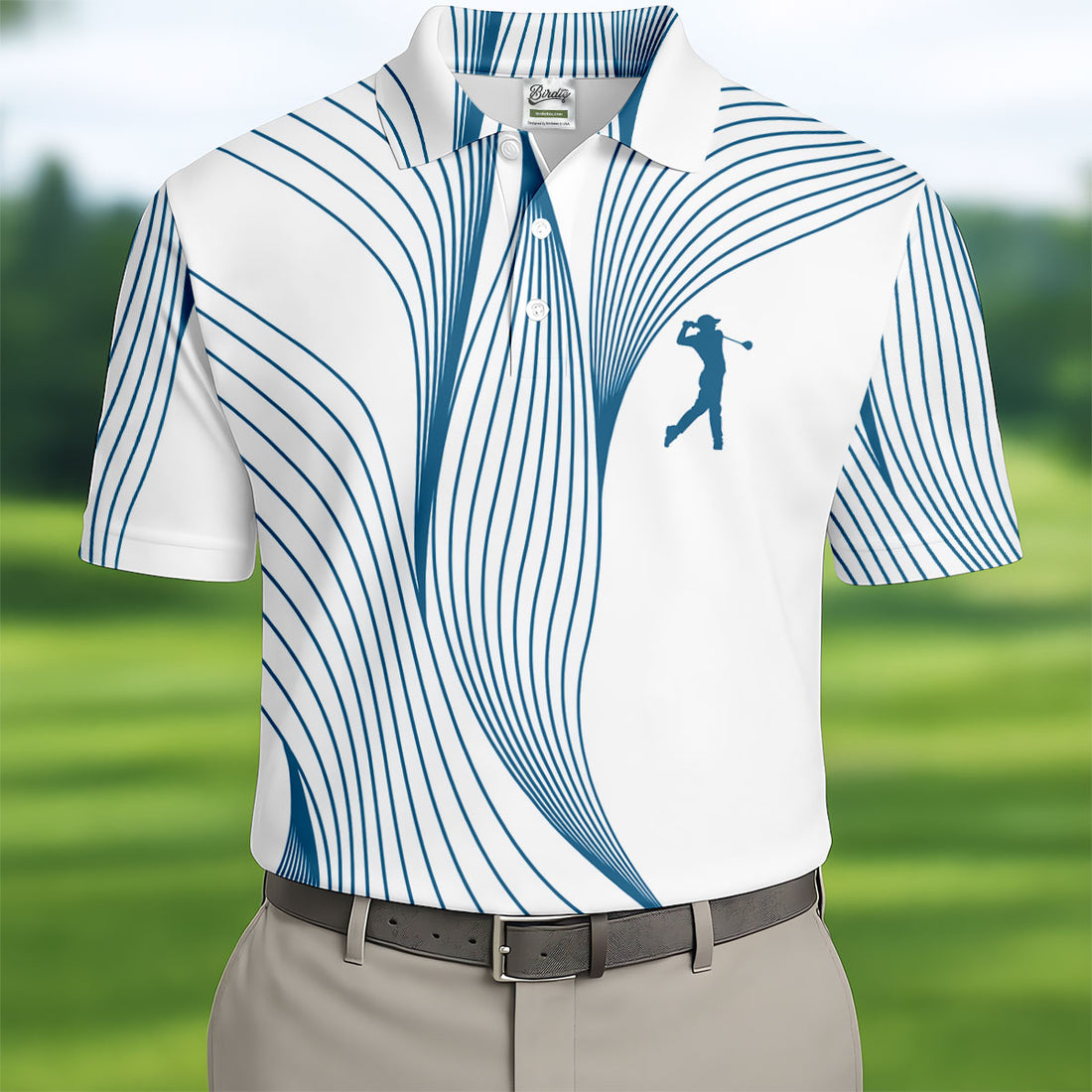 Geometric Line Wavy Line Blue And White Golf Shirts For Men, Men's Golf Shirt, Polo Shirts For Men