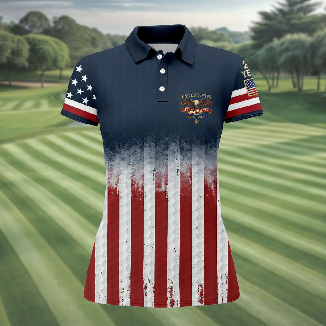 United States 250th Anniversary Distressed Flag Ladies Golf Shirts, Golf Ball Pattern Golf Shirt For Women