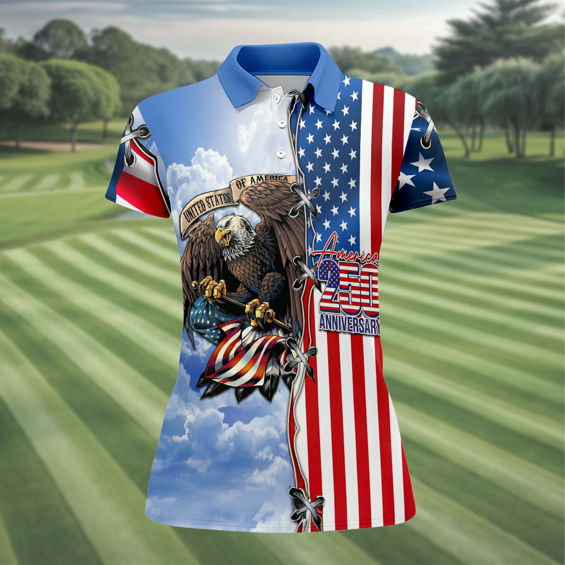 American Flag Eagle Anniversary Women's 250 Years USA Patriotic Golf Shirt, 4th of July Golf Shirt