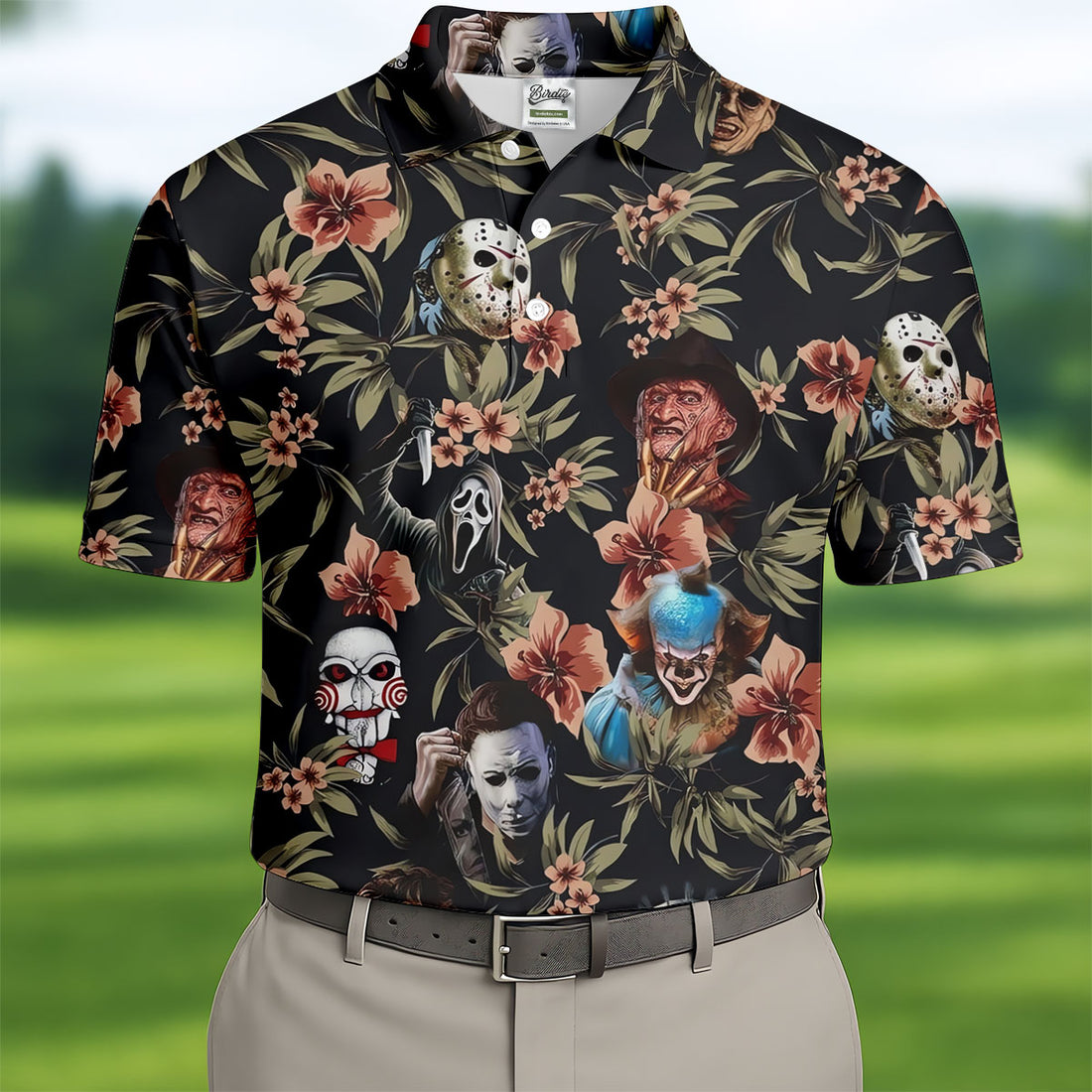 Dark Floral Horror Character Halloween Golf Shirt, Mens Golf Polo, Hawaiian Golf Shirt