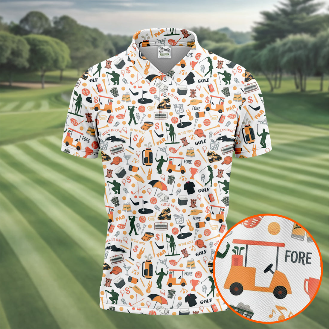 Golf Equipment Cart Ball Pattern Polo Shirt, Mens Golf Polo, Printed Golf Shirts