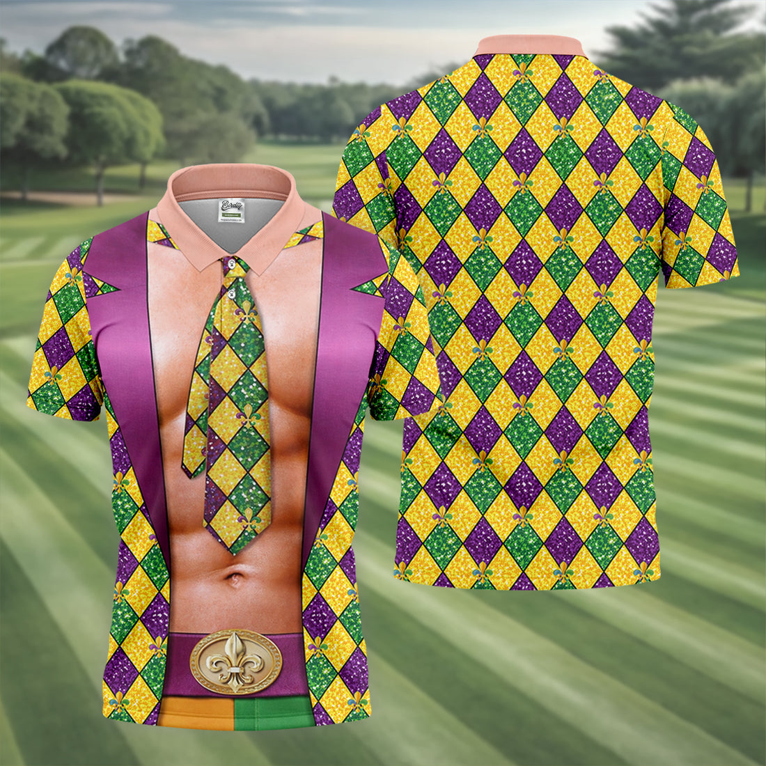 Green Purple Gold Argyle Pattern Fun Suit Mardi Gras Print Golf Shirt, Fun Golf Shirts For Men, Polo For Men
