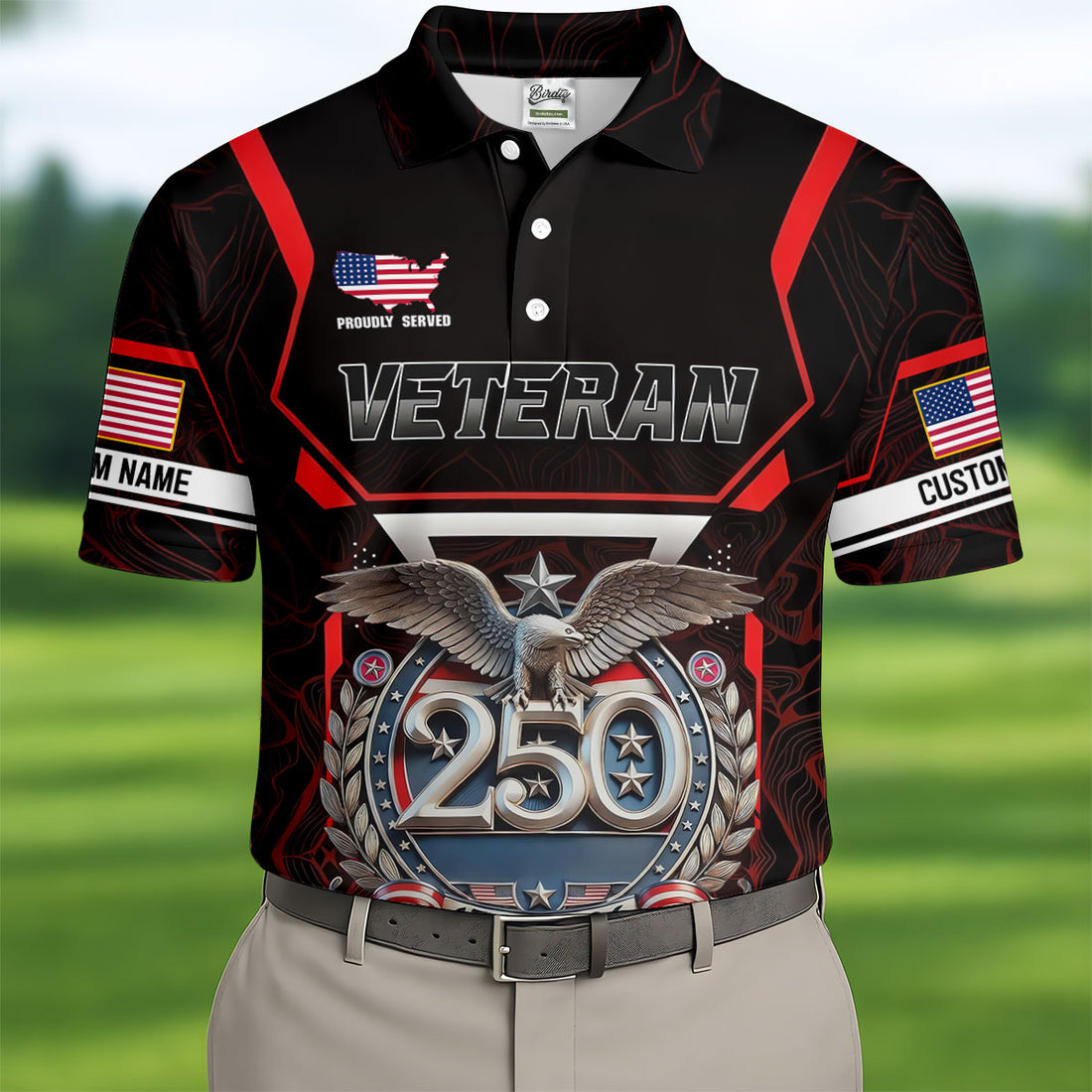 Personalized Veteran America 250 Polo Shirt Red Accent, Printed Golf Shirts, Golf Shirts For Men