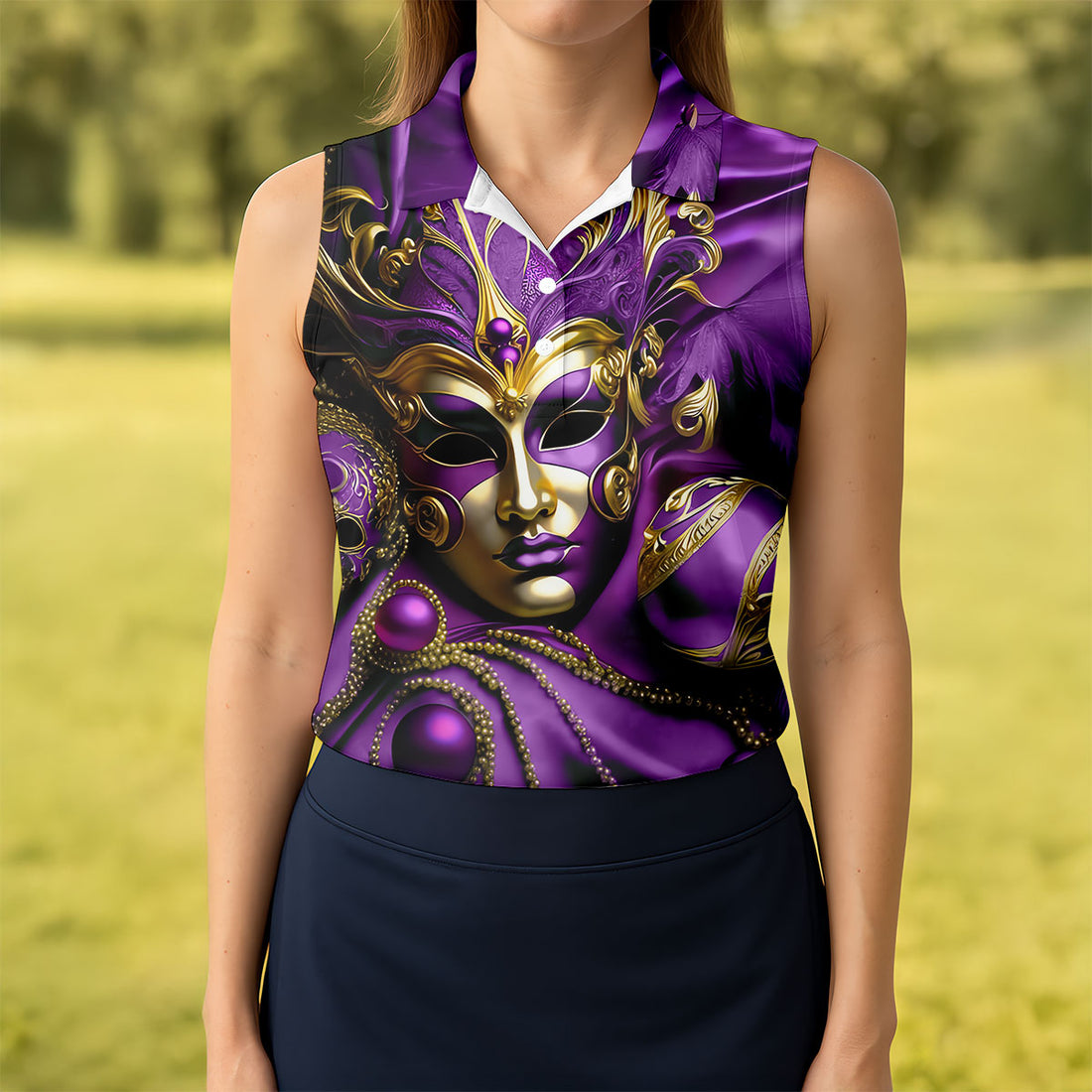 Mardi Gras Face Mask Purple Golf Shirt, Women's Golf Tops, Ladies Golf Polos, Women's Polo Shirt