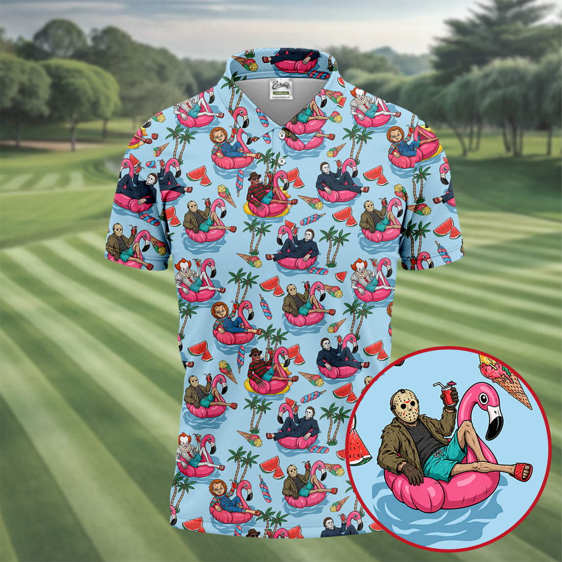 Retro Horror Character Villains Floating On Flamingo Pool Floats Golf Polo Shirt, Mens Golf Polo, Printed Golf Shirts