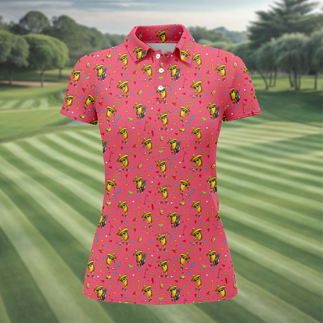 Fairway Fiesta Taco Margarita Mexico Theme Pink Golf Shirt, Women Golf Shirts, Ladies Golf Shirt