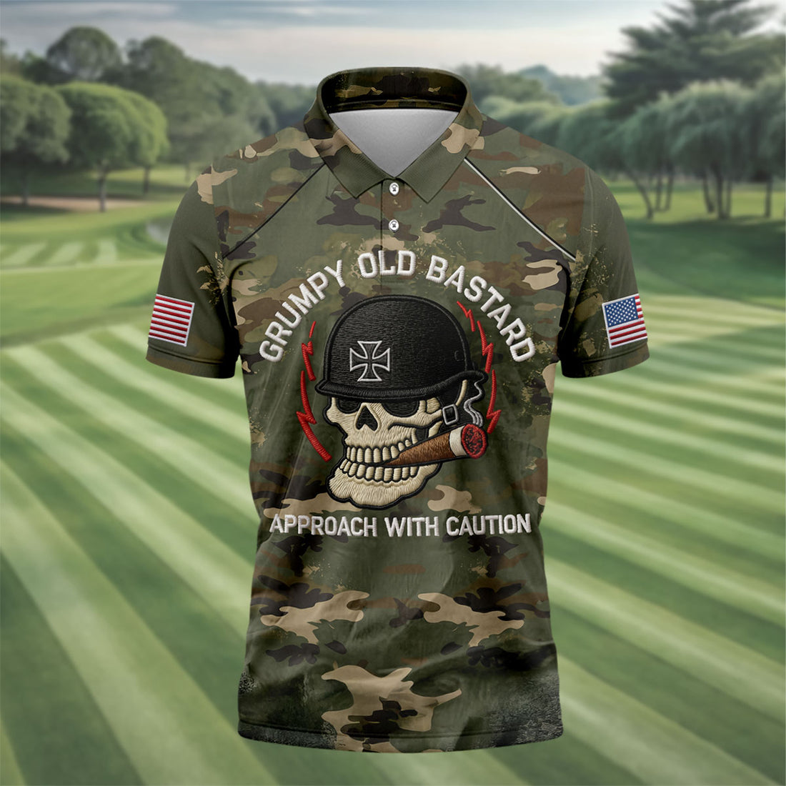 Grumpy Old Bastard Skull Camo Polo Shirt, Patriotic Military Polo, Golf Shirts For Men