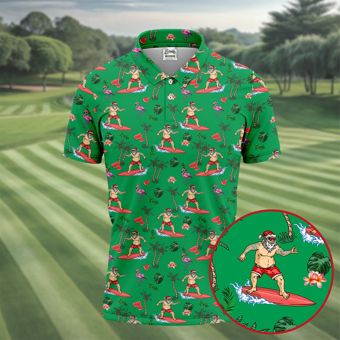Surfing Santa Tropical Beach Golf Polo Shirt, Christmas Golf Shirt, Printed Golf Shirts, Golf Apparel For Men