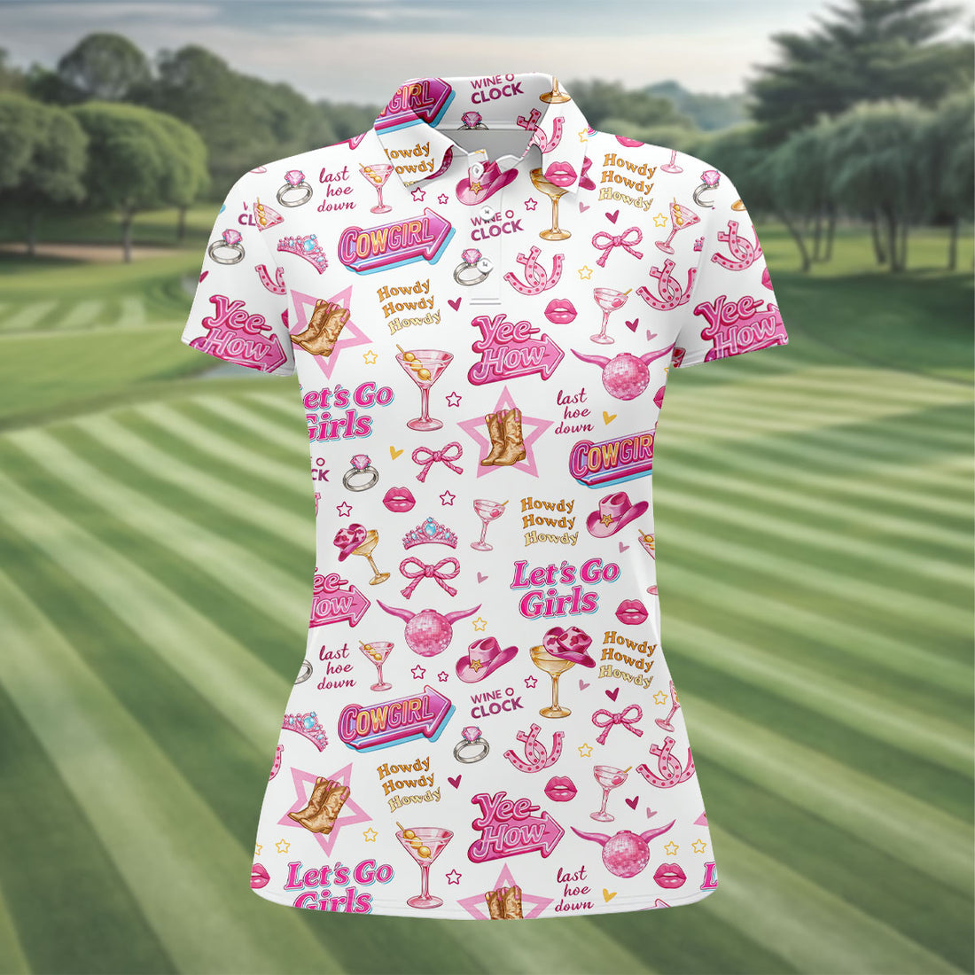 Pink Cowgirl Western Party Icons Golf Polo Shirt, Golf Shirts For Women, Ladies Golf Shirt