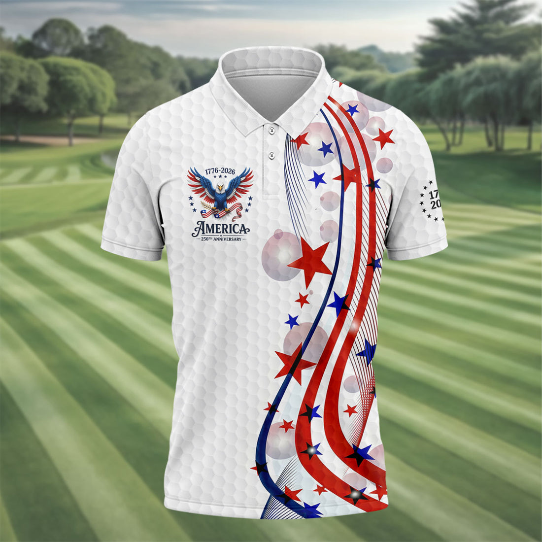 Red White Blue Wavy Stripes Bald Eagle Logo Patriotic 4th Of July Golf Shirt, 250 Years Golf Shirts For Men