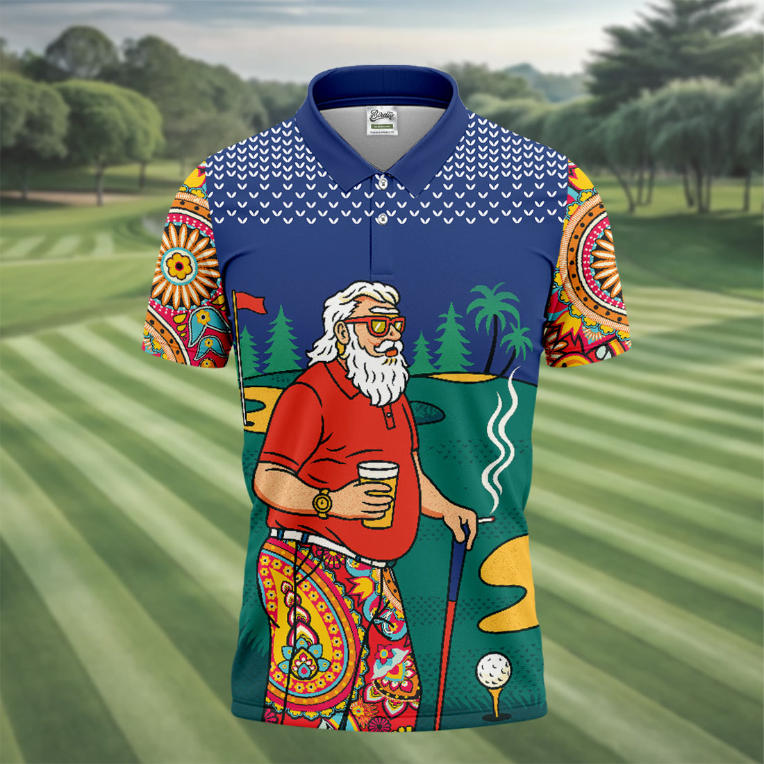 Retro Bearded Golfer Holding Beer Golf Polo Shirt, Mens Golf Shirts, Printed Golf Shirts