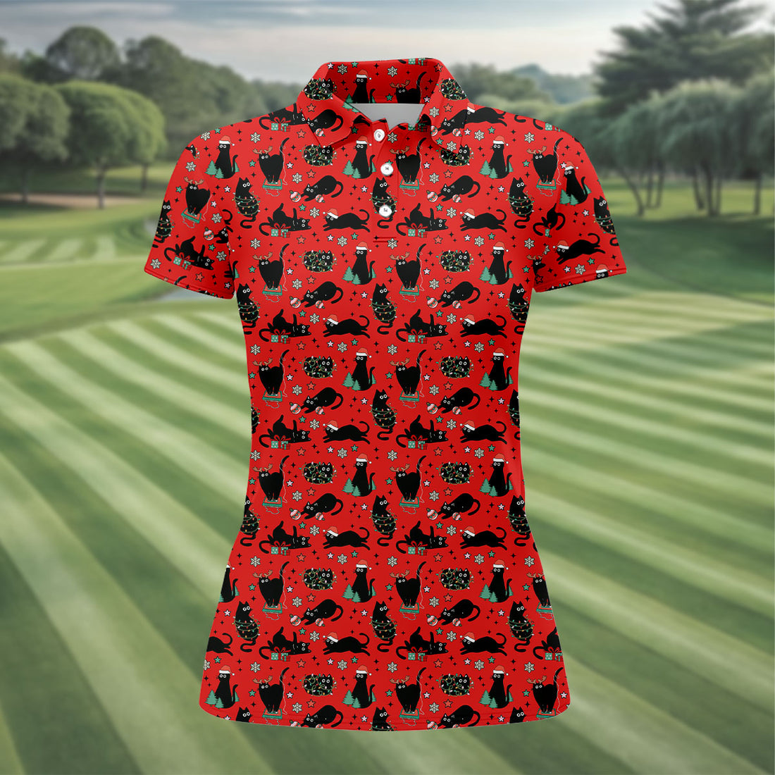 Xmas Black Cat Ladies Golf Tops, Red Golf Shirt, Golf Gifts For Women, Christmas Golf Shirt