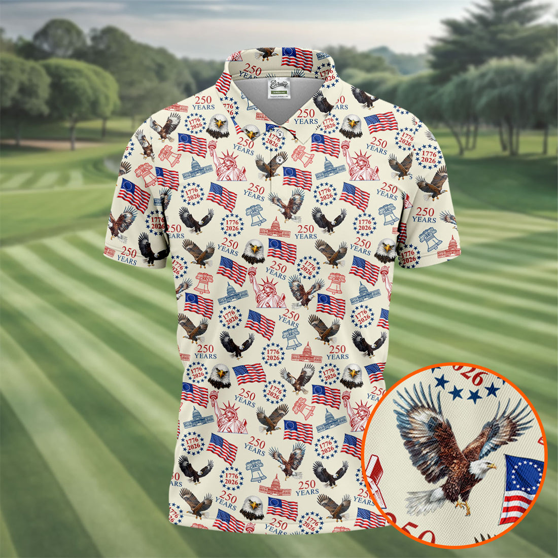 250 Years American Symbol Patriotic Pattern Beige Golf Shirt, 4th Of July Golf Shirt, Golf Shirts For Men
