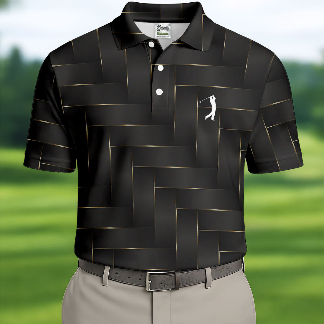Black And Gold Geometric 3D Pattern Golf Tops For Men, Polo Shirts For Men, Golf Shirts For Men
