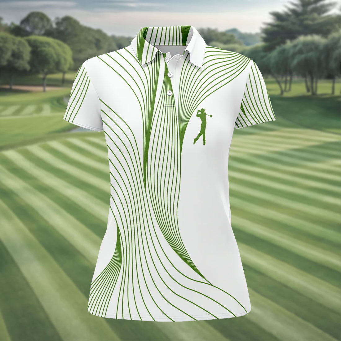 Geometric Line Wavy Line Green And White Women's Golf Tops, Ladies Golf Shirts, Women's Polo Shirt