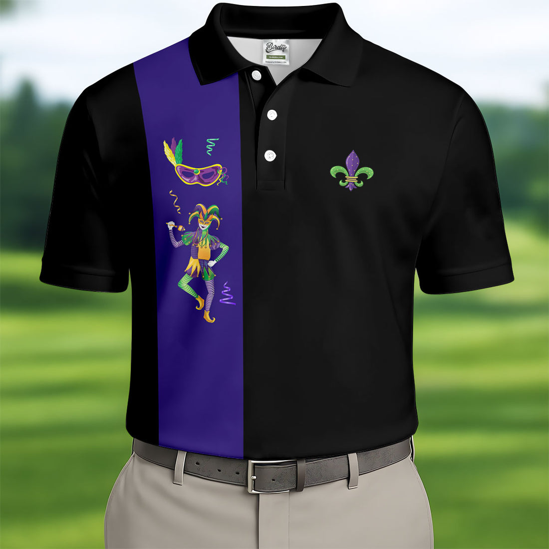 Mardi Gras Festival Jester Figure Fleur De Lis Symbol Black Golf Shirt, Polo Shirts For Men, Golf Shirts For Men