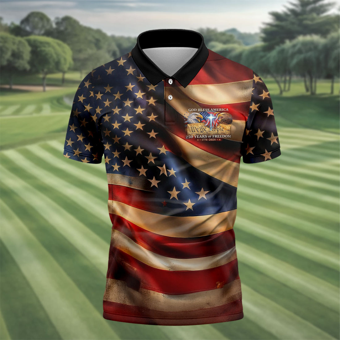 American Flag Golf Shirt, USA 250th Anniversary Men's Polo Shirt, Patriotic Independence Day Apparel
