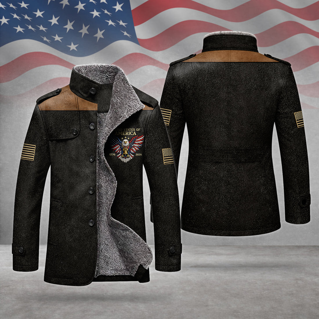 America 250 Anniversary US Flag Bald Eagle Men's Cold Premium Weather Jacket, Leather Trench Coat