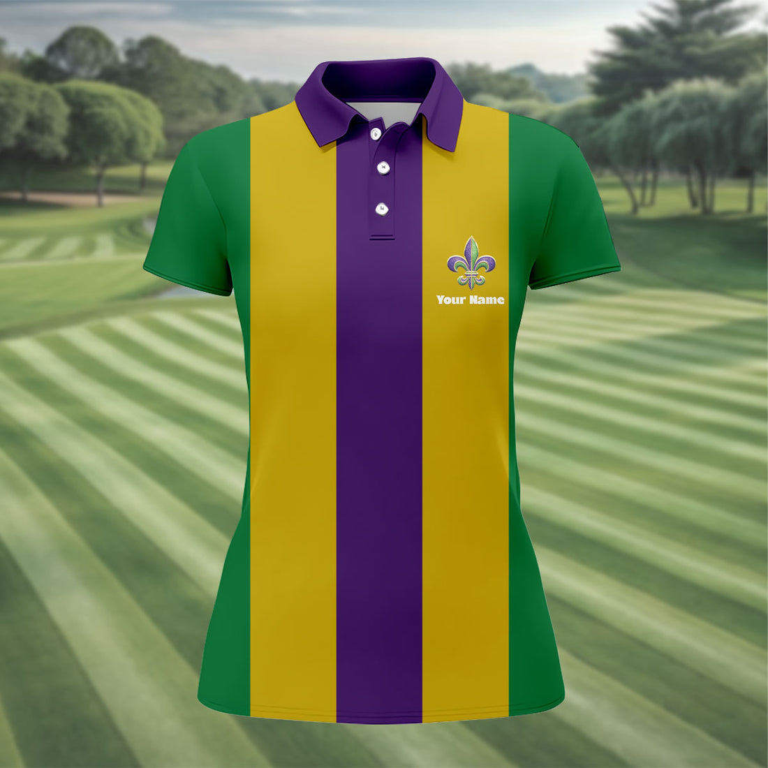 Vertical Stripes Purple Green Gold Mardi Gras Golf Shirt, Women's Golf Shirts, Ladies Golf Polos