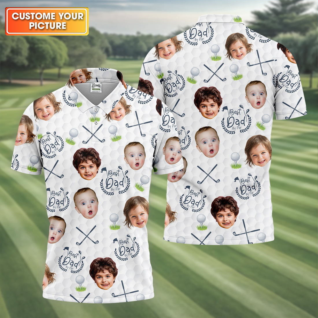 Best Dad By Par Custom Face Kids Photo Funny Polo Golf Shirt, Christmas Golf Gift
