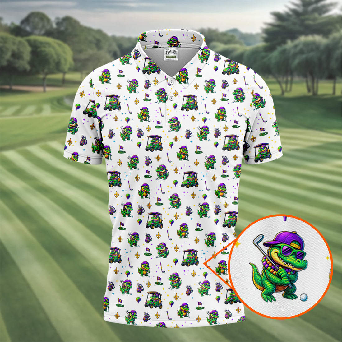Funny Crocodile Golfing Mardi Gras Golf Shirts, White Golf Shirt, Golf Gift For Men, Golf Shirts For Men