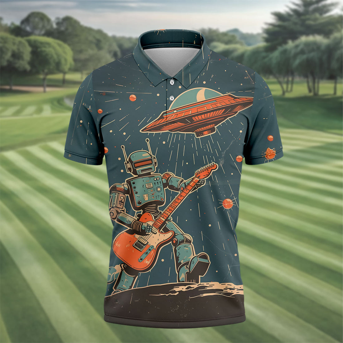 Robot UFO Sleeveless Golf Shirt, Cute Golf Outfit, Mens Polo Shirts, Golf Shirts For Men