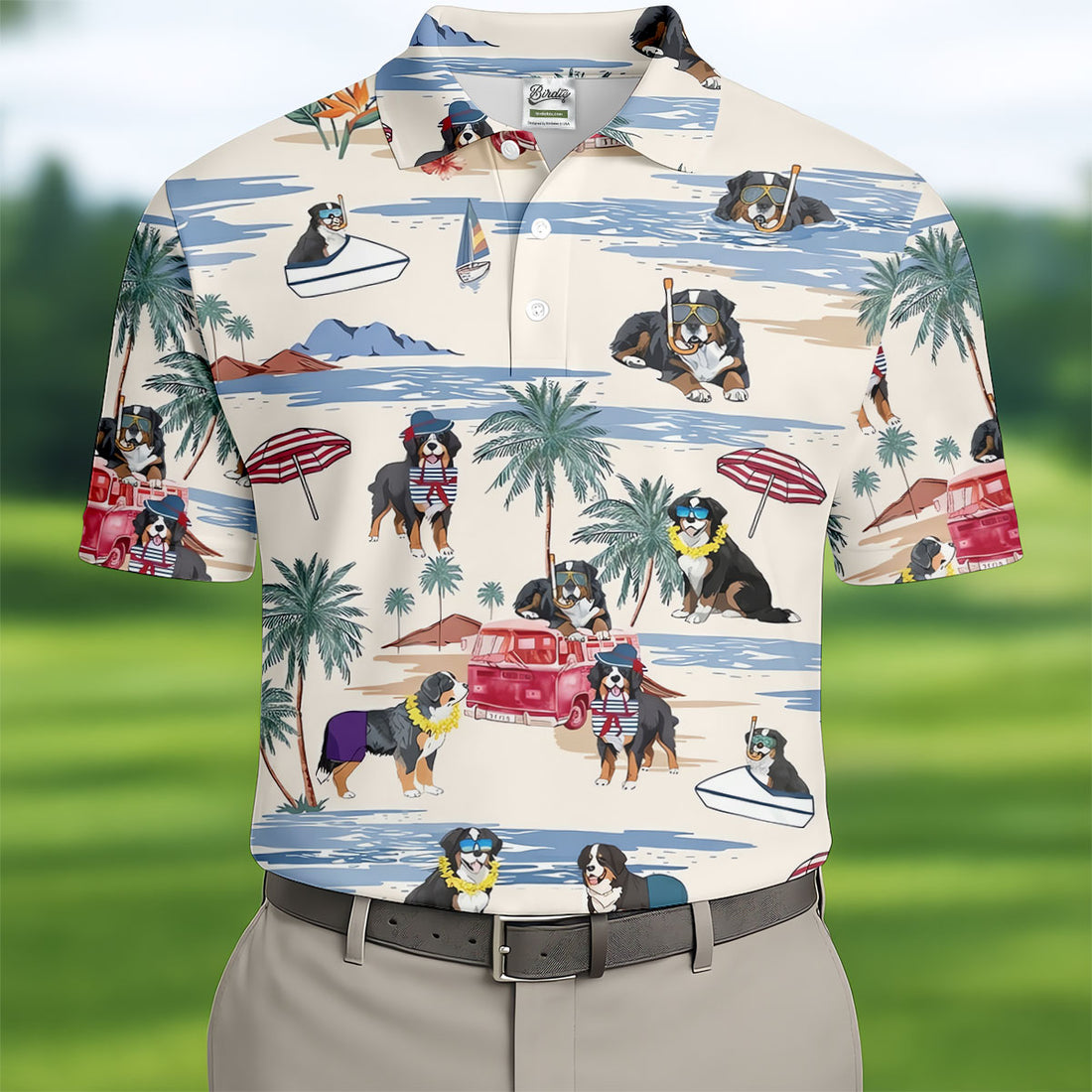 Tropical Bernese Mountain Dog Beach Hawaiian Golf Polo Shirt, Printed Golf Shirts, Golf Apparel For Men