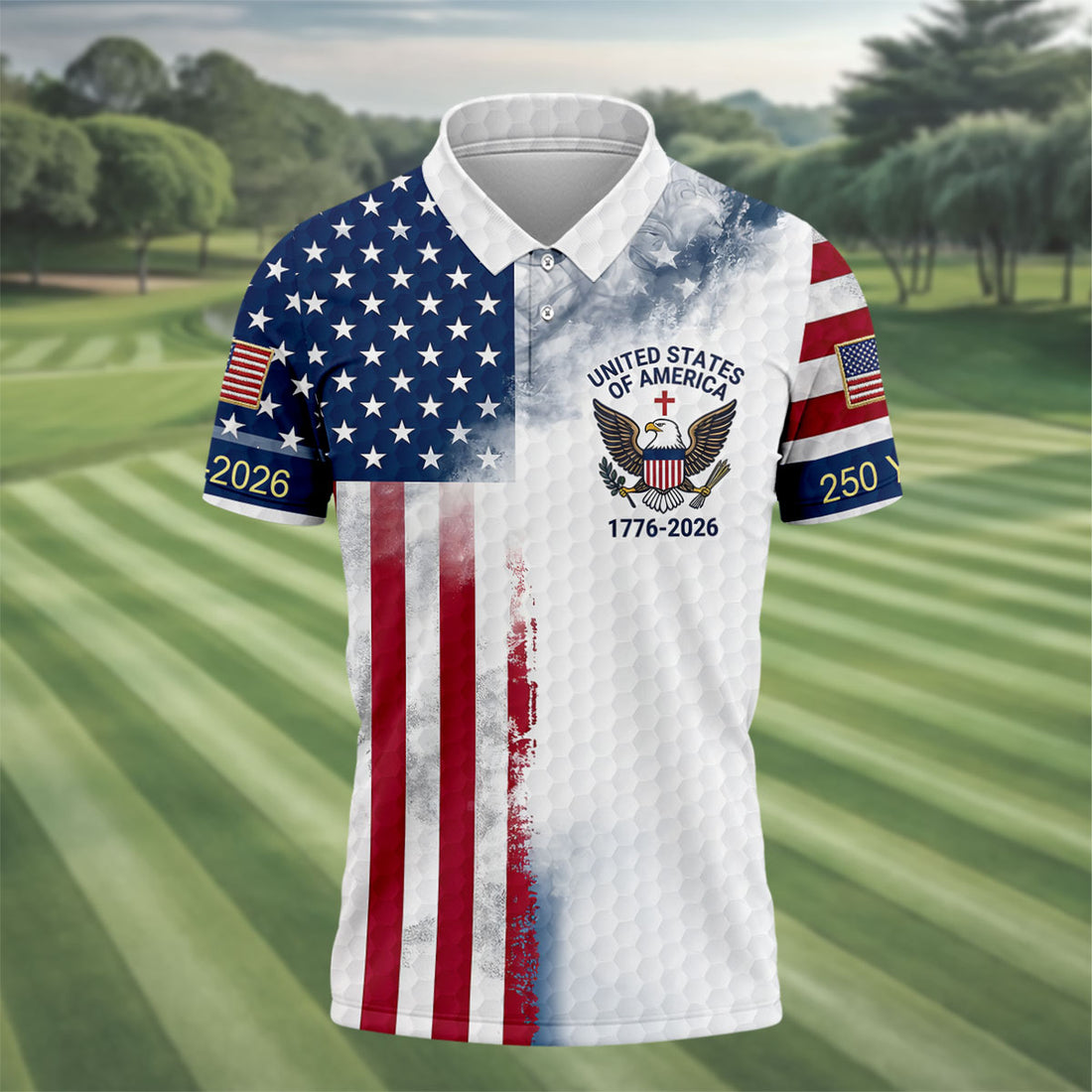 USA Flag Pattern 1776-2026 Distressed Vintage Golf Shirt, 250th Anniversary 4th Of July Golf Shirts For Men