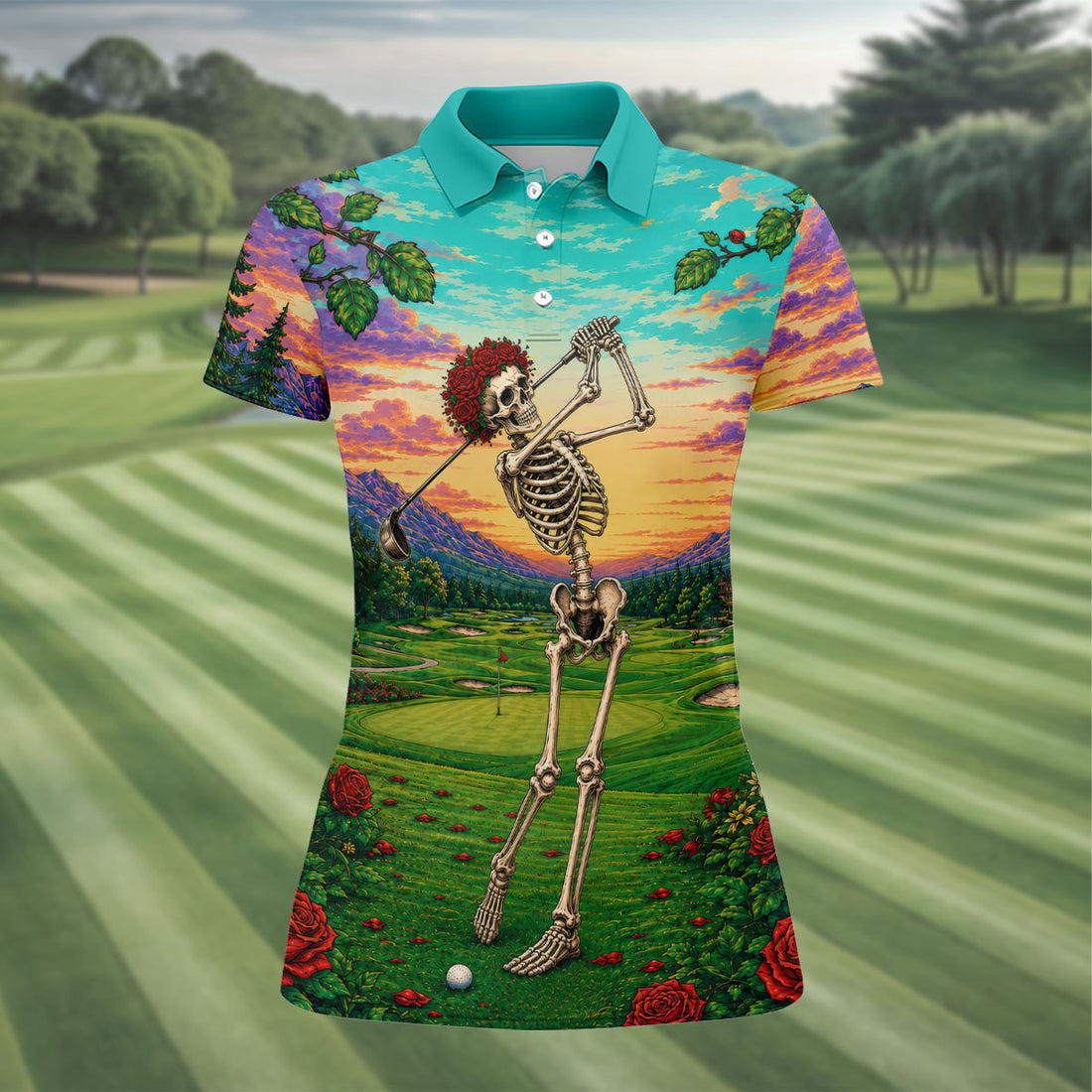 Skeleton Golfer Sunset Golf Course Shirt, Women's Golf Apparel, Halloween Golf Shirt