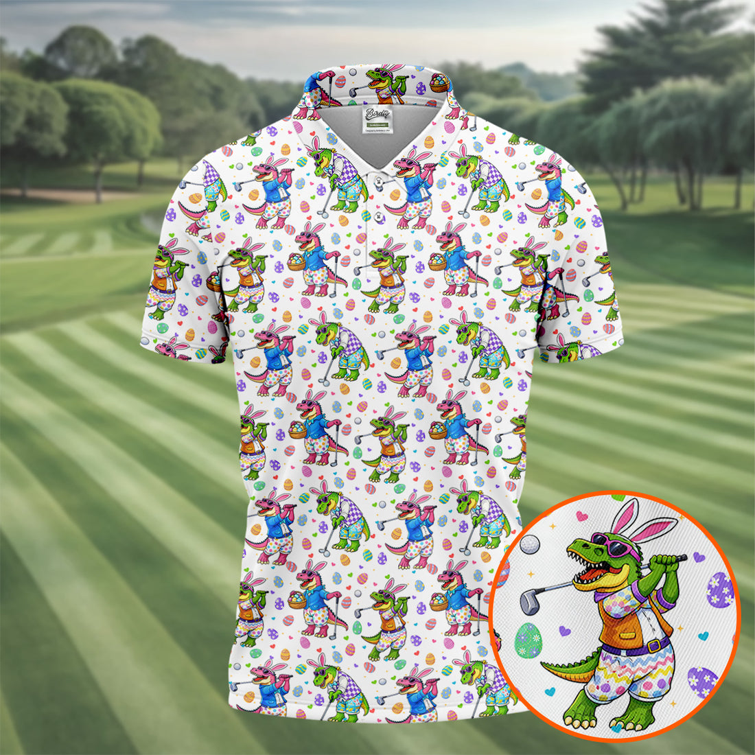 Easter Dinosaur Gradient Pattern Men's Funny Golf Shirts, Golf Shirts For Men, Polo Shirts For Men