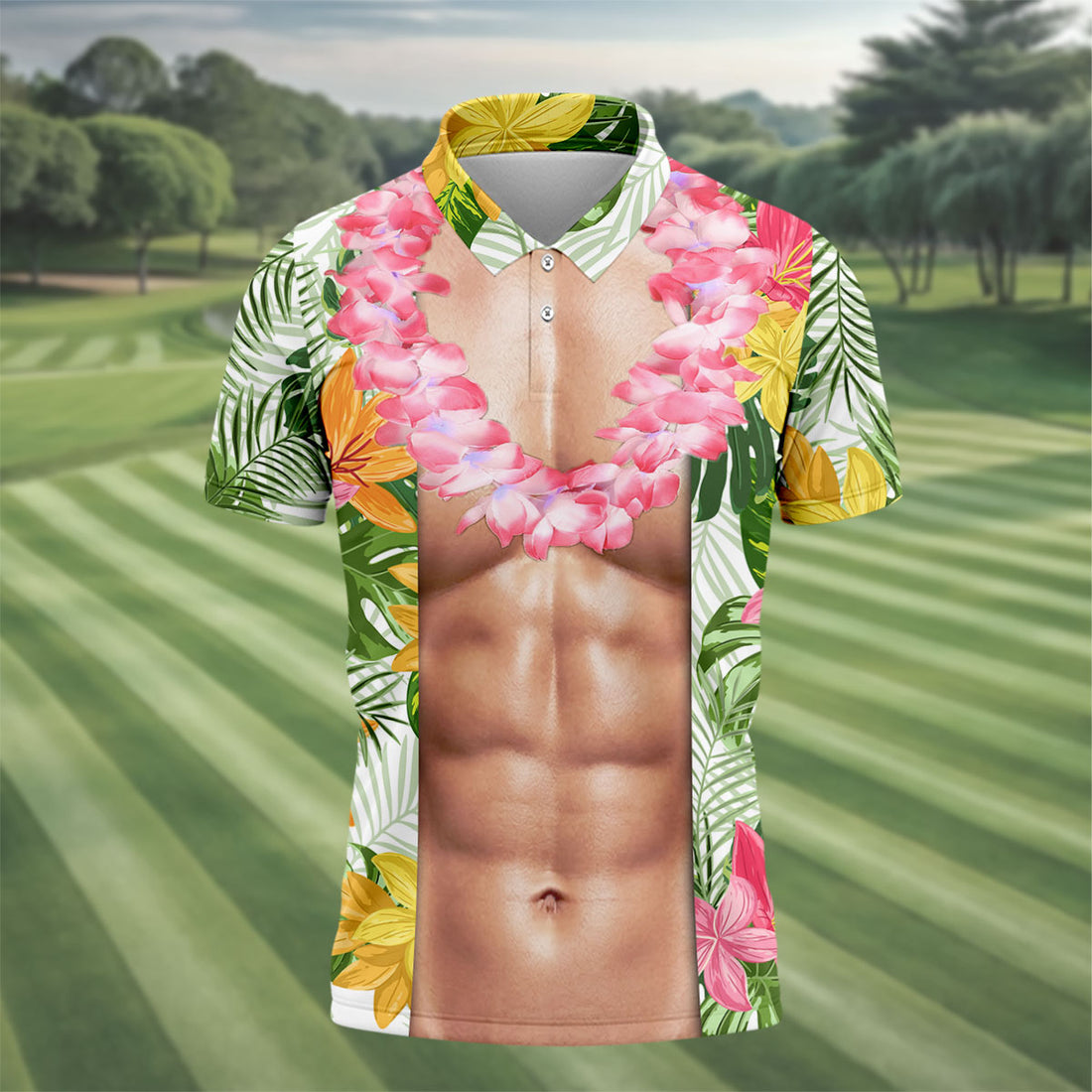 Light Skin Tropical Muscle Chest Hawaiian Golf Polo Shirt, Hawaiian Golf Shirt, Men's Golf Shirt